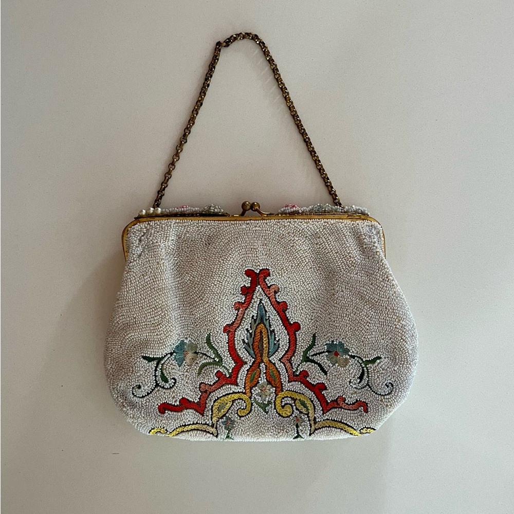 Vintage French beaded Chain Strap Clutch with embroidery